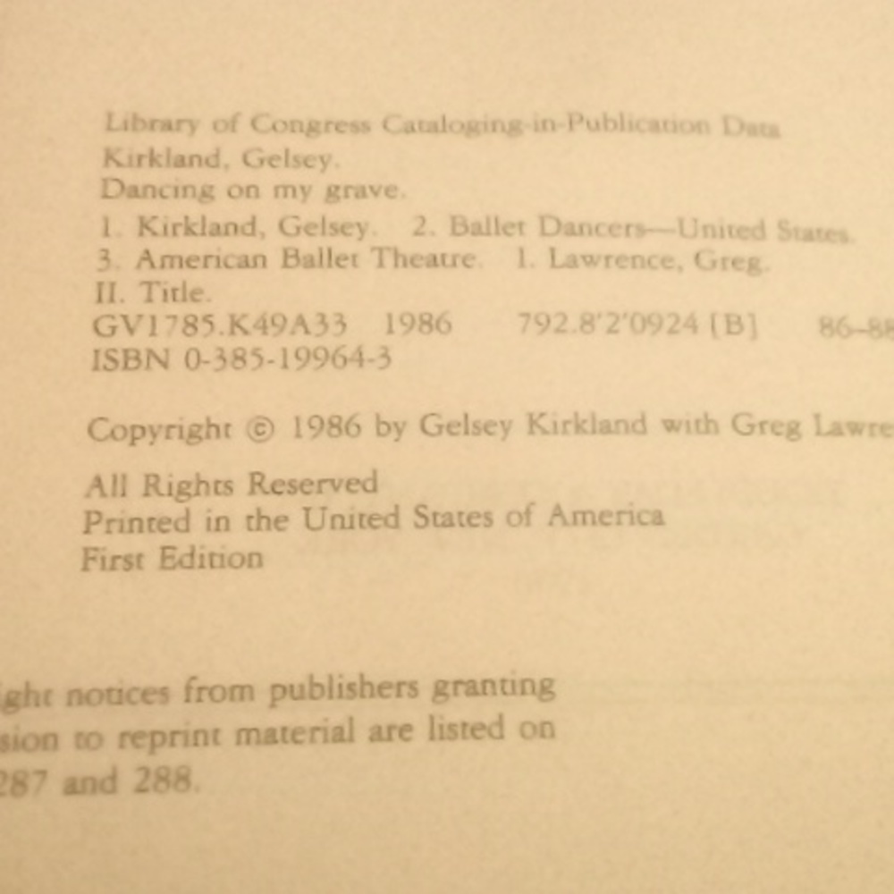 Dancing on My grave ISBN number 0385-199643 cup right 1986 gelsey Kirkland with